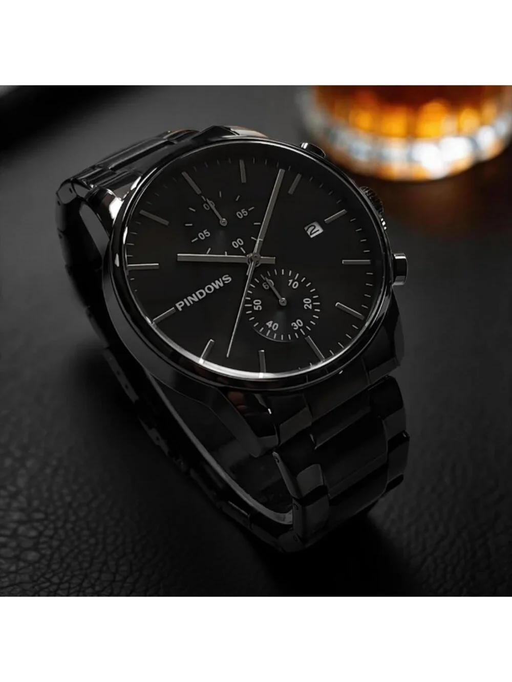 Sleek Black Minimalist Men's Watch, Stainless Steel Chronograph with Date